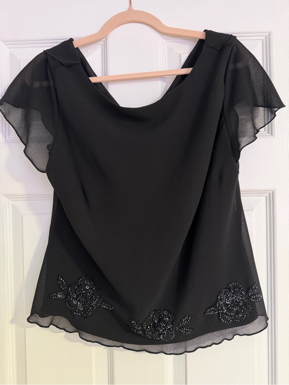 Robbie Bee Black Chiffon Flutter Sleeve Blouse with Sequin Floral Trim